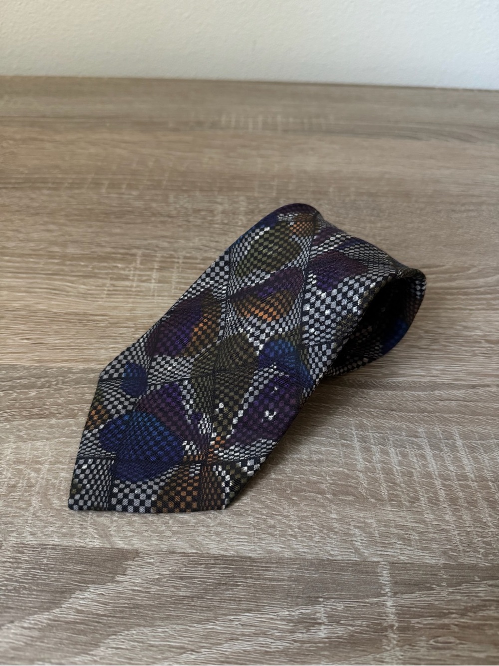 Avanzata 100% Silk Tie Handmade Italy Geometric Check Blue Purple Brow Vintage